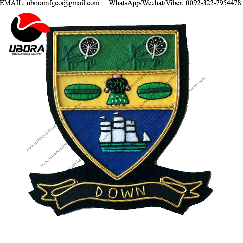 Military Uniform emblem HAND EMBROIDERED IRISH COUNTY - DOWN - COLLECTORS HERITAGE ITEM blazer badge